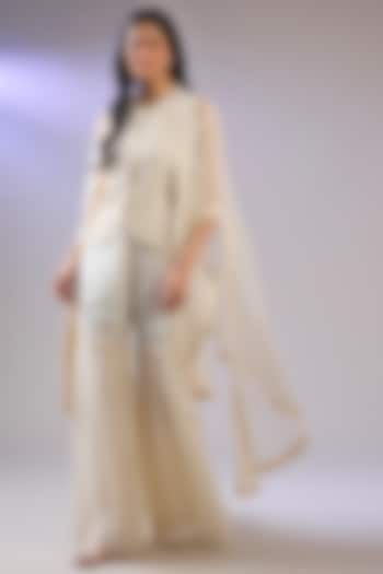 Ivory Organza & Chiffon Embroidered Cape Set by Pallavi Poddar (India) at Pernia's Pop Up Shop