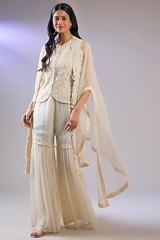 Ivory Organza & Chiffon Embroidered Cape Set by Pallavi Poddar (India)