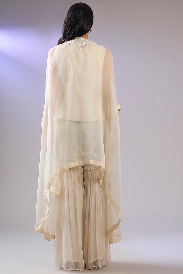 Ivory Organza & Chiffon Embroidered Cape Set by Pallavi Poddar (India) at Pernia's Pop Up Shop