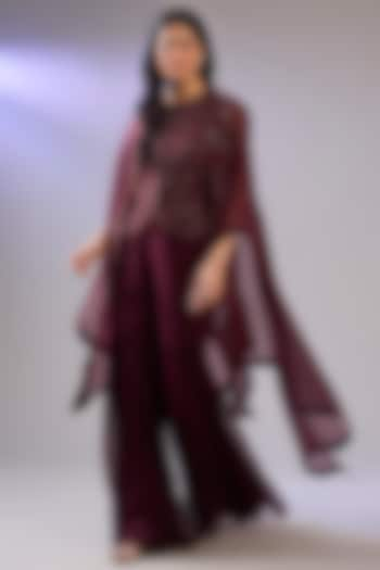 Wine Organza & Chiffon Embroidered Cape Set by Pallavi Poddar (India) at Pernia's Pop Up Shop