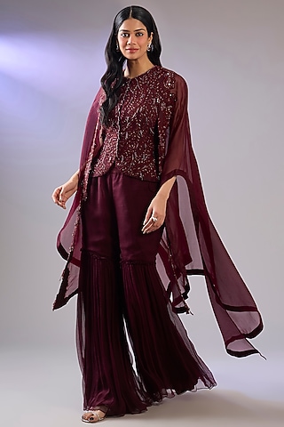 Wine Organza & Chiffon Embroidered Cape Set by Pallavi Poddar (India)