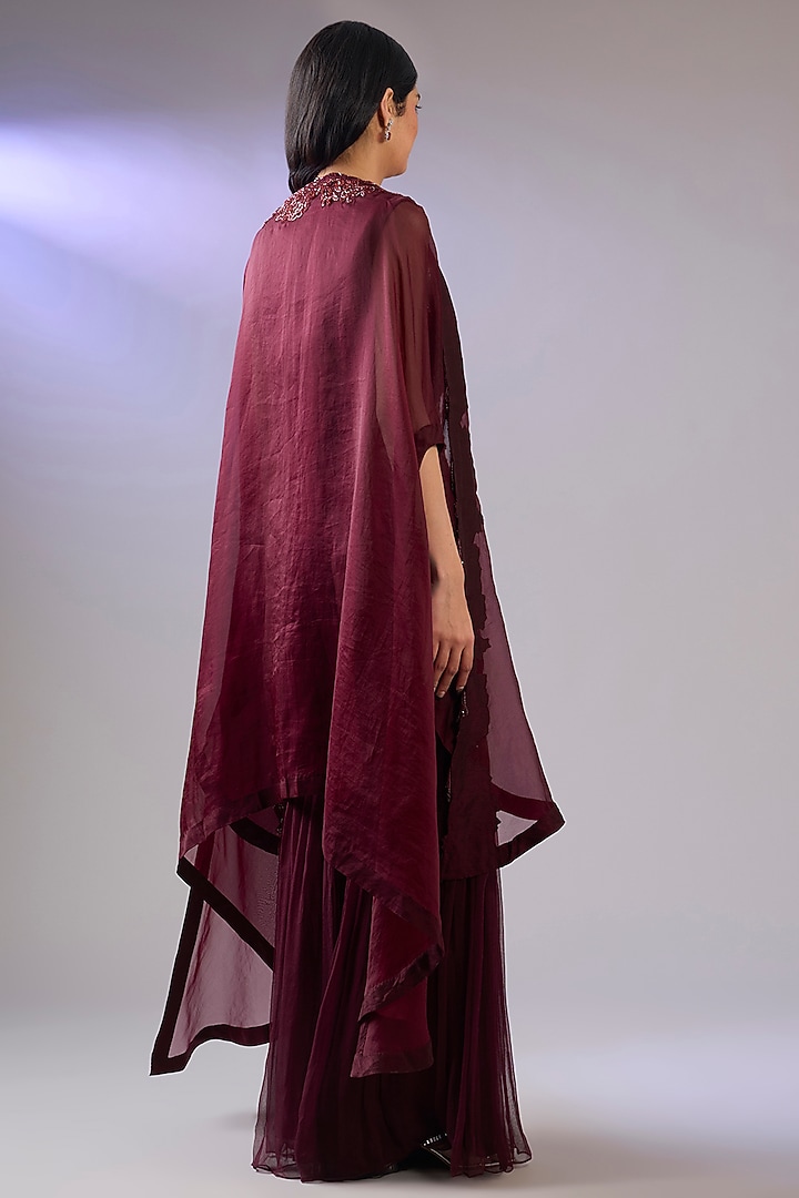 Wine Organza & Chiffon Embroidered Cape Set by Pallavi Poddar (India) at Pernia's Pop Up Shop