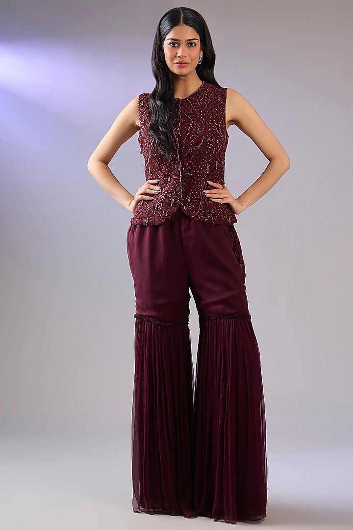 Wine Organza & Chiffon Embroidered Cape Set by Pallavi Poddar (India) at Pernia's Pop Up Shop