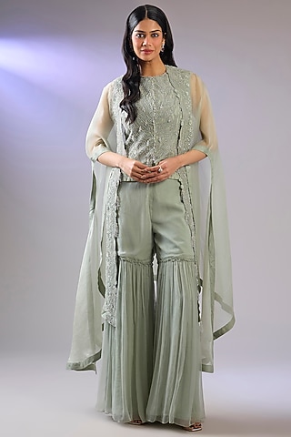 Green Organza & Chiffon Embroidered Cape Set by Pallavi Poddar (India)