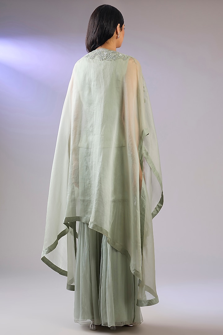 Green Organza & Chiffon Embroidered Cape Set by Pallavi Poddar (India) at Pernia's Pop Up Shop