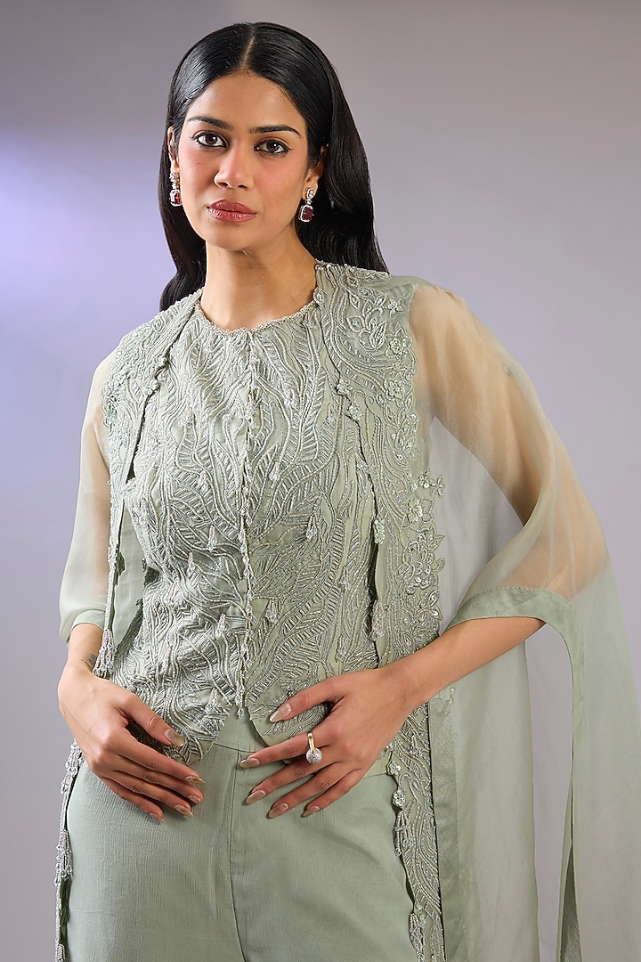 Green Organza & Chiffon Embroidered Cape Set by Pallavi Poddar (India) at Pernia's Pop Up Shop