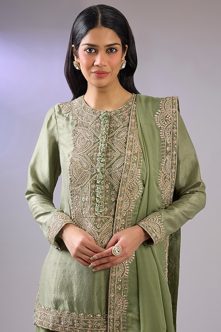 Green Dupion Silk Wedding Sharara Set by Pallavi Poddar (India) at Pernia's Pop Up Shop