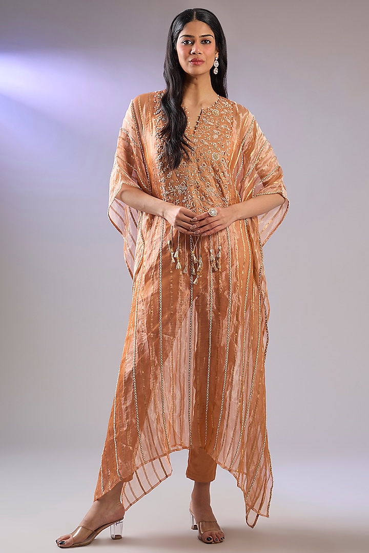 Rust Organza Pearl Work Kaftan Set by Pallavi Poddar (India) at Pernia's Pop Up Shop