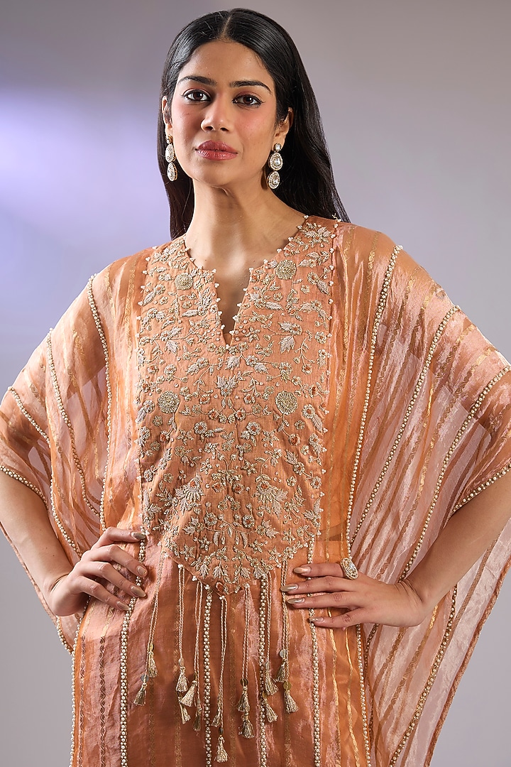 Rust Organza Pearl Work Kaftan Set by Pallavi Poddar (India) at Pernia's Pop Up Shop