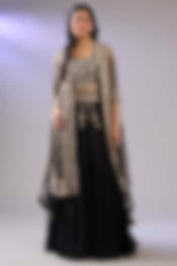 Black Tissue Organza Resham Work Cape Set by Pallavi Poddar (India) at Pernia's Pop Up Shop