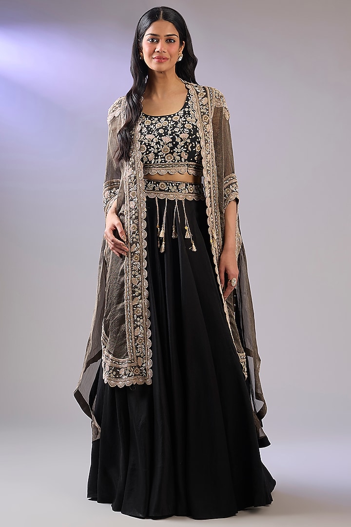 Black Tissue Organza Resham Work Cape Set by Pallavi Poddar (India) at Pernia's Pop Up Shop