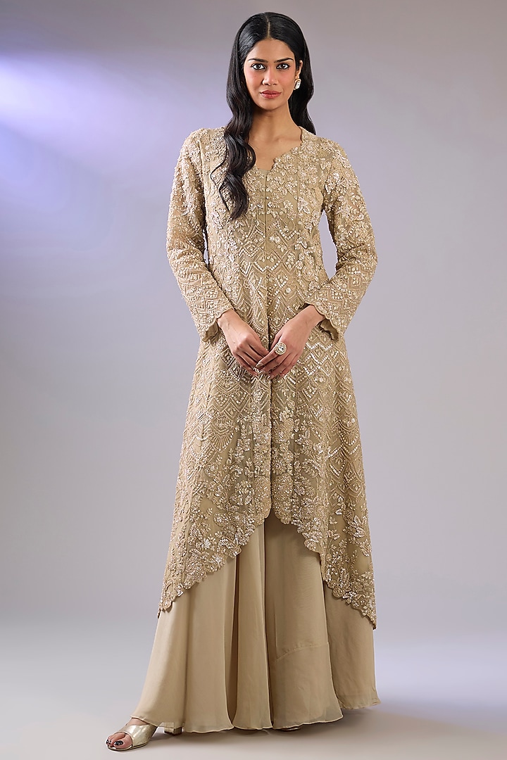 Beige Net Embroidered Jacket Set by Pallavi Poddar (India) at Pernia's Pop Up Shop