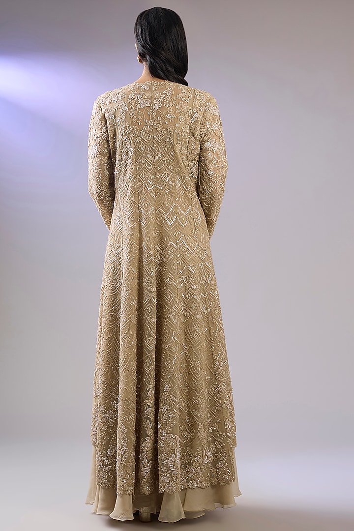 Beige Net Embroidered Jacket Set by Pallavi Poddar (India) at Pernia's Pop Up Shop