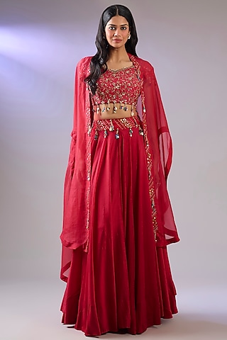 Red Organza Gota Patti Work Cape Set by Pallavi Poddar (India)