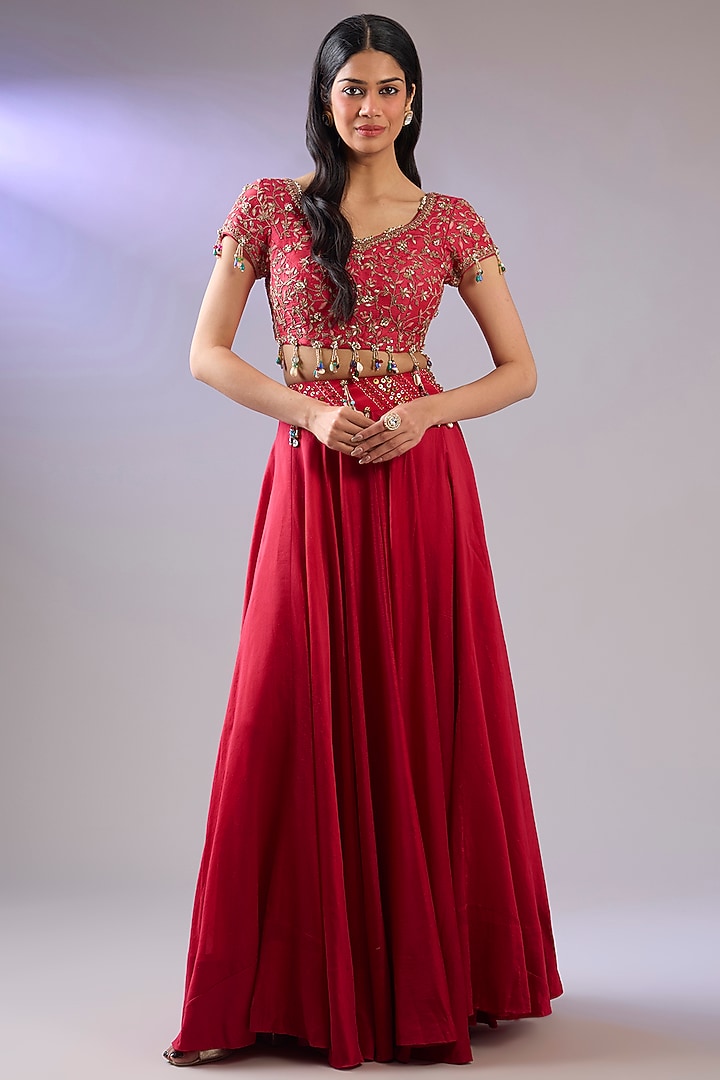 Red Organza Gota Patti Work Cape Set by Pallavi Poddar (India) at Pernia's Pop Up Shop