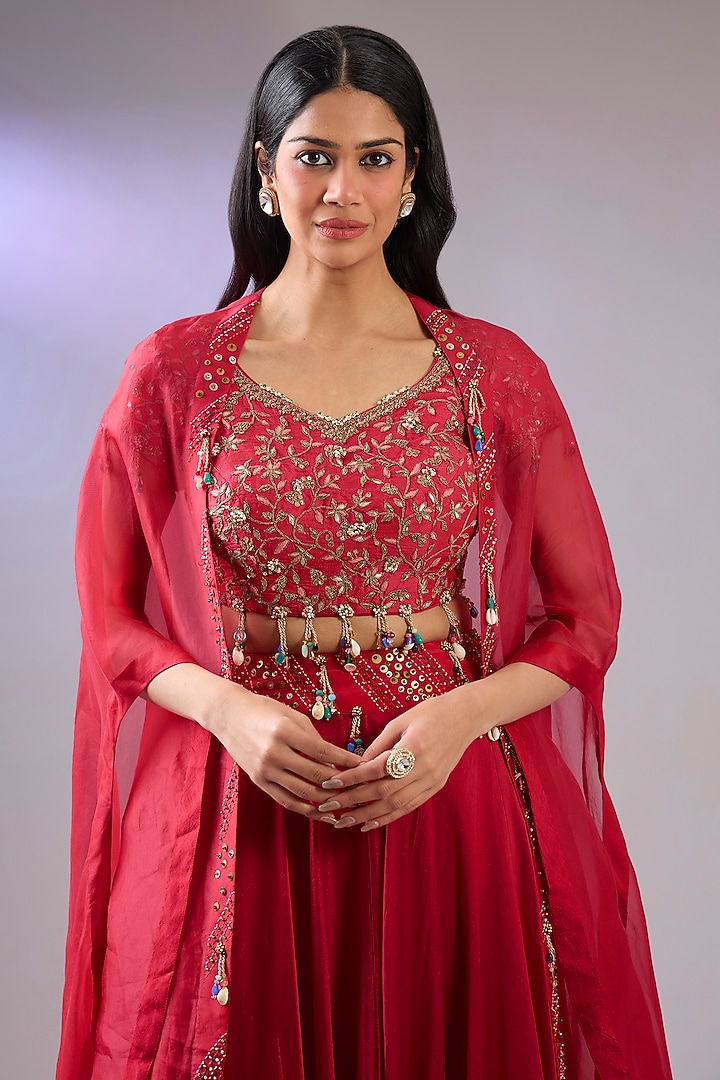 Red Organza Gota Patti Work Cape Set by Pallavi Poddar (India) at Pernia's Pop Up Shop