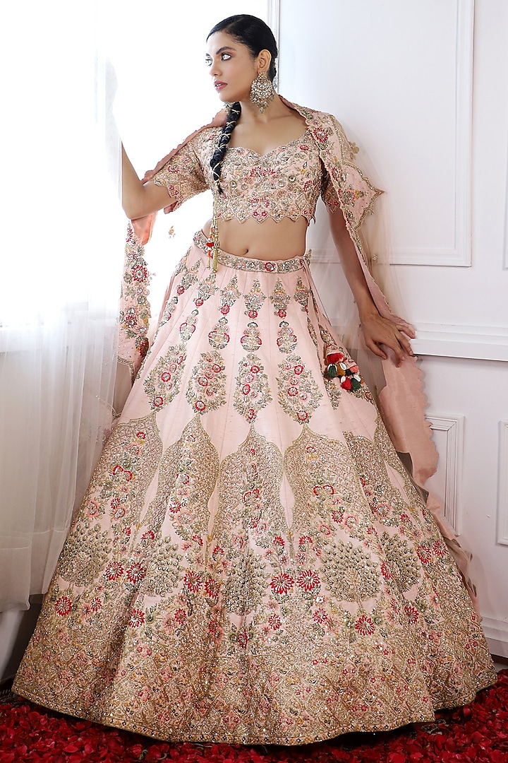 Pastel Pink Pure Raw Silk Embroidered Bridal Lehenga Set by Pallavi Poddar (India) at Pernia's Pop Up Shop