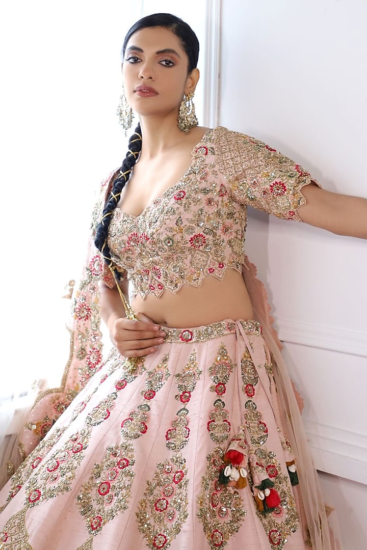 Pastel Pink Pure Raw Silk Embroidered Bridal Lehenga Set by Pallavi Poddar (India) at Pernia's Pop Up Shop