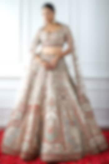 Ivory Raw Silk Embroidered Lehenga Set by Pallavi Poddar (India)