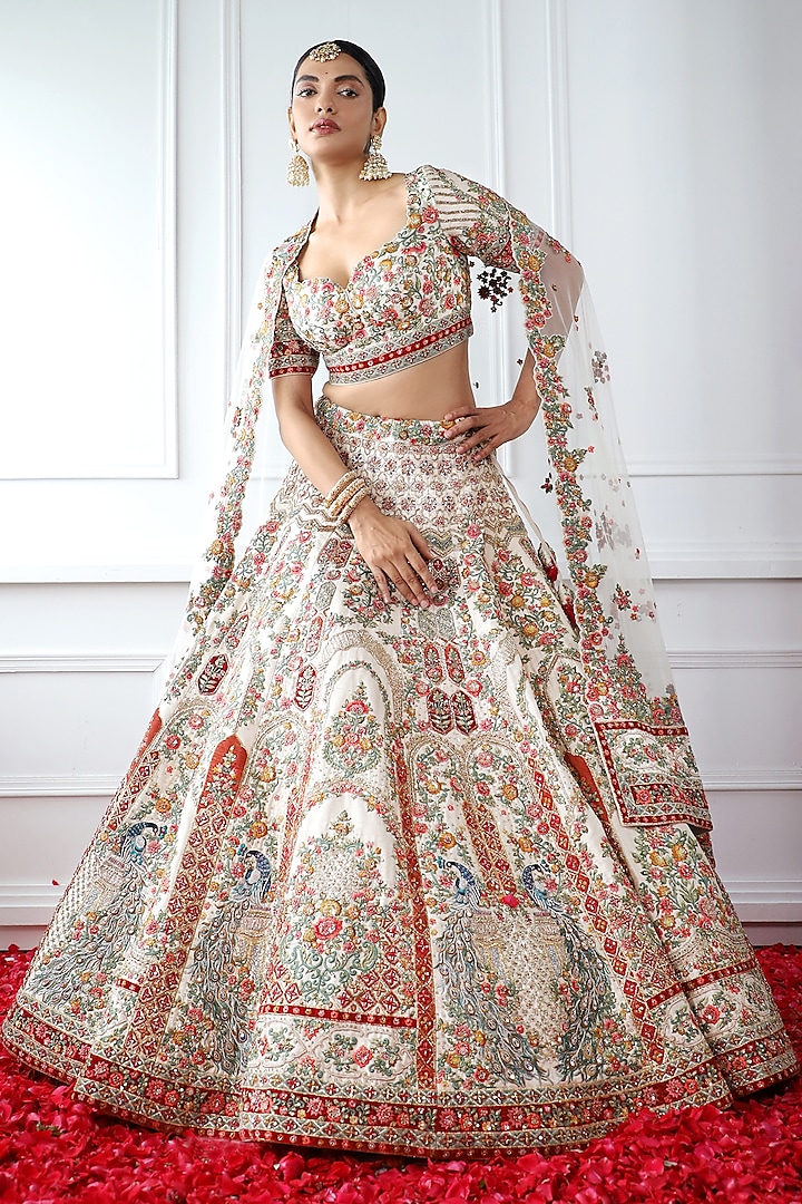 Ivory Raw Silk Embroidered Bridal Lehenga Set by Pallavi Poddar (India) at Pernia's Pop Up Shop