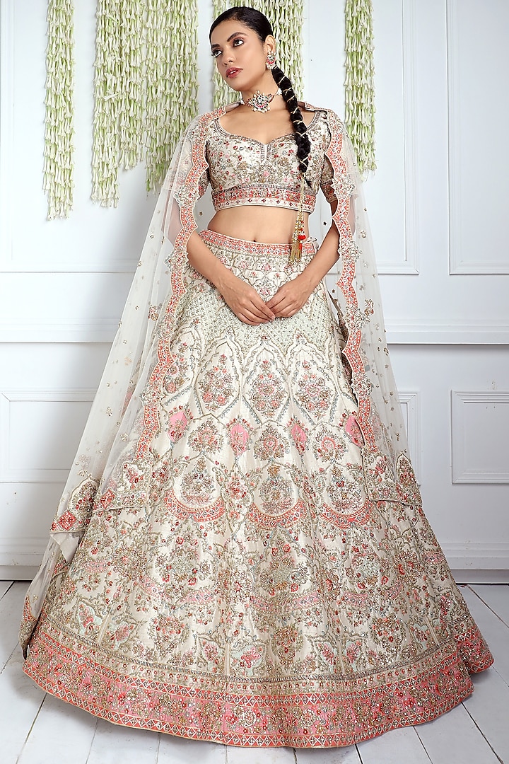 Ivory Raw Silk Embroidered Bridal Lehenga Set by Pallavi Poddar (India) at Pernia's Pop Up Shop