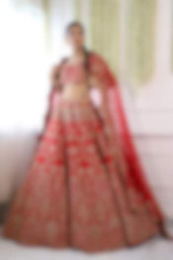 Red Pure Raw Silk Embroidered Lehenga Set by Pallavi Poddar (India)
