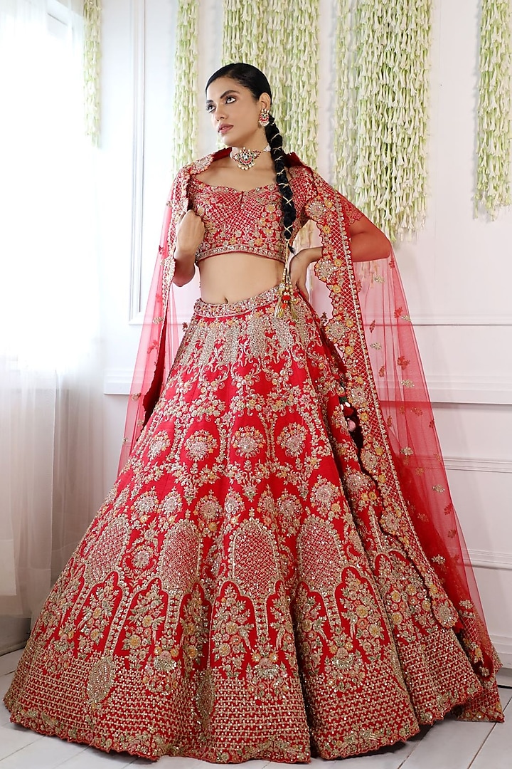 Red Pure Raw Silk Embroidered Bridal Lehenga Set by Pallavi Poddar (India) at Pernia's Pop Up Shop
