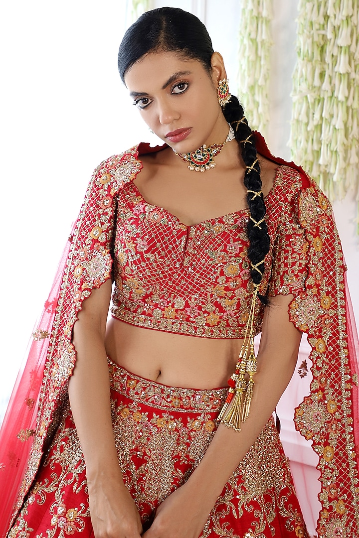 Red Pure Raw Silk Embroidered Bridal Lehenga Set by Pallavi Poddar (India) at Pernia's Pop Up Shop