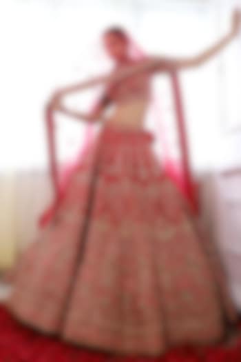 Red Pure Raw Silk Embroidered Lehenga Set by Pallavi Poddar (India)