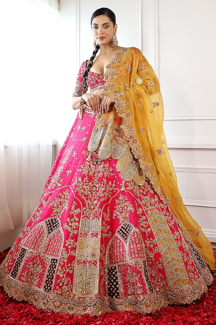 Fuchsia Pink Raw Silk Embroidered Lehenga Set by Pallavi Poddar (India)