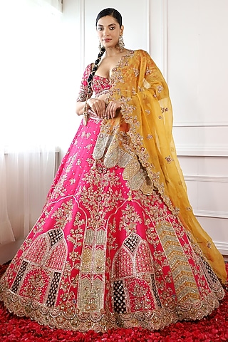 Fuchsia Pink Raw Silk Embroidered Lehenga Set by Pallavi Poddar (India)