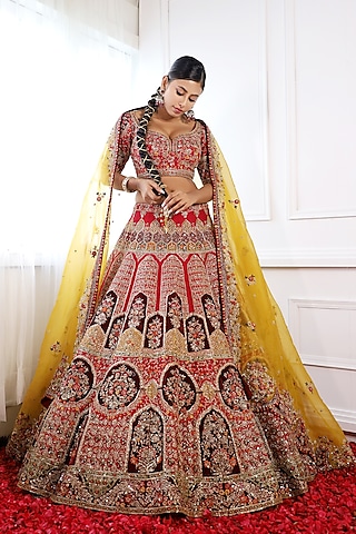 Cherry Pure Raw Silk Embroidered Lehenga Set by Pallavi Poddar (India)