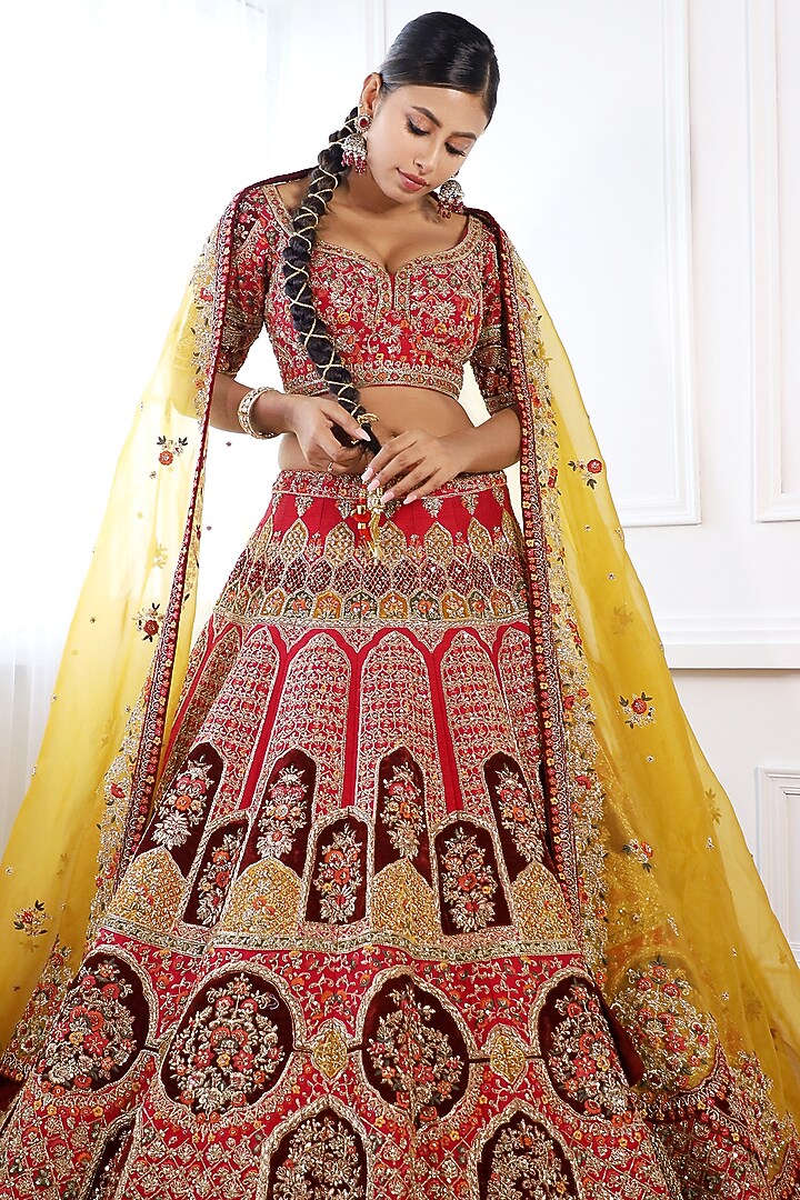 Cherry Pure Raw Silk Embroidered Bridal Lehenga Set by Pallavi Poddar (India) at Pernia's Pop Up Shop