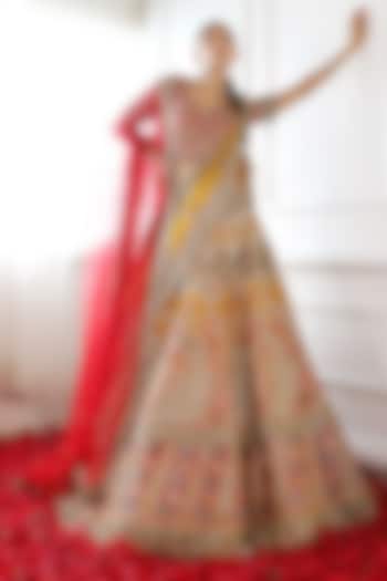 Multi-Colored Pure Raw Silk Embroidered Lehenga Set by Pallavi Poddar (India)