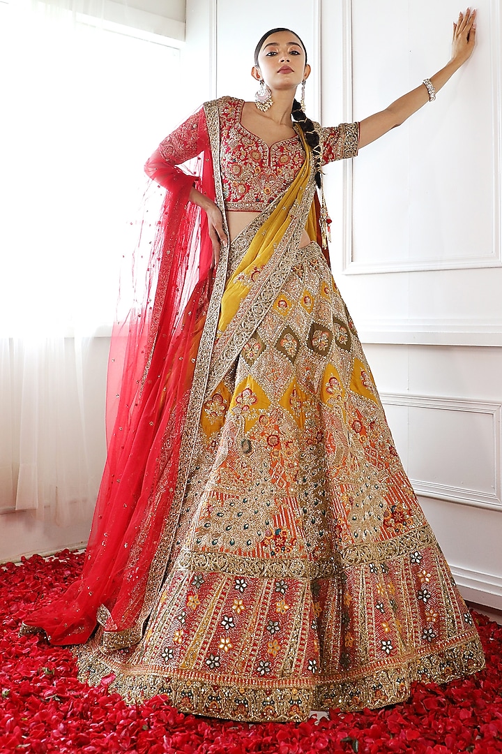 Multi-Colored Pure Raw Silk Embroidered Lehenga Set by Pallavi Poddar (India)