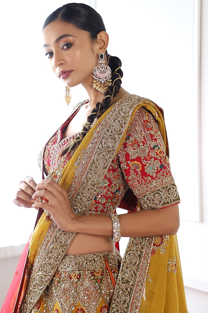 Multi-Colored Pure Raw Silk Embroidered Bridal Lehenga Set by Pallavi Poddar (India) at Pernia's Pop Up Shop