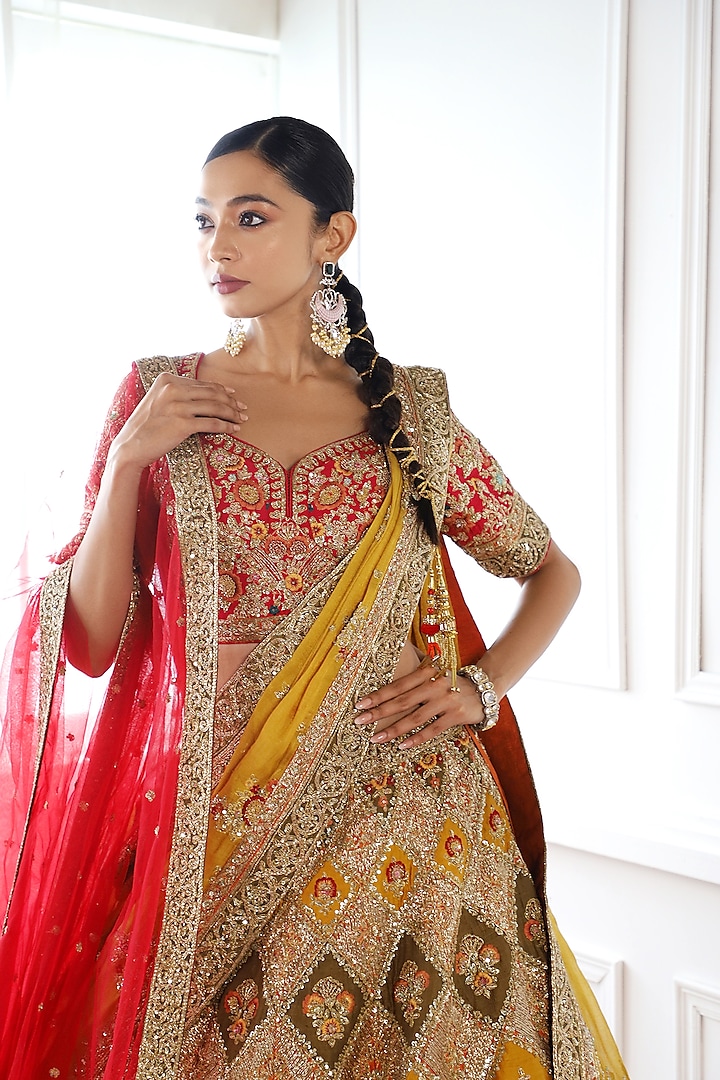 Multi-Colored Pure Raw Silk Embroidered Bridal Lehenga Set by Pallavi Poddar (India) at Pernia's Pop Up Shop