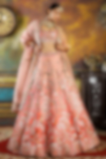 Ombre Pink Pure Raw Silk Embroidered Lehenga Set by Pallavi Poddar (India)