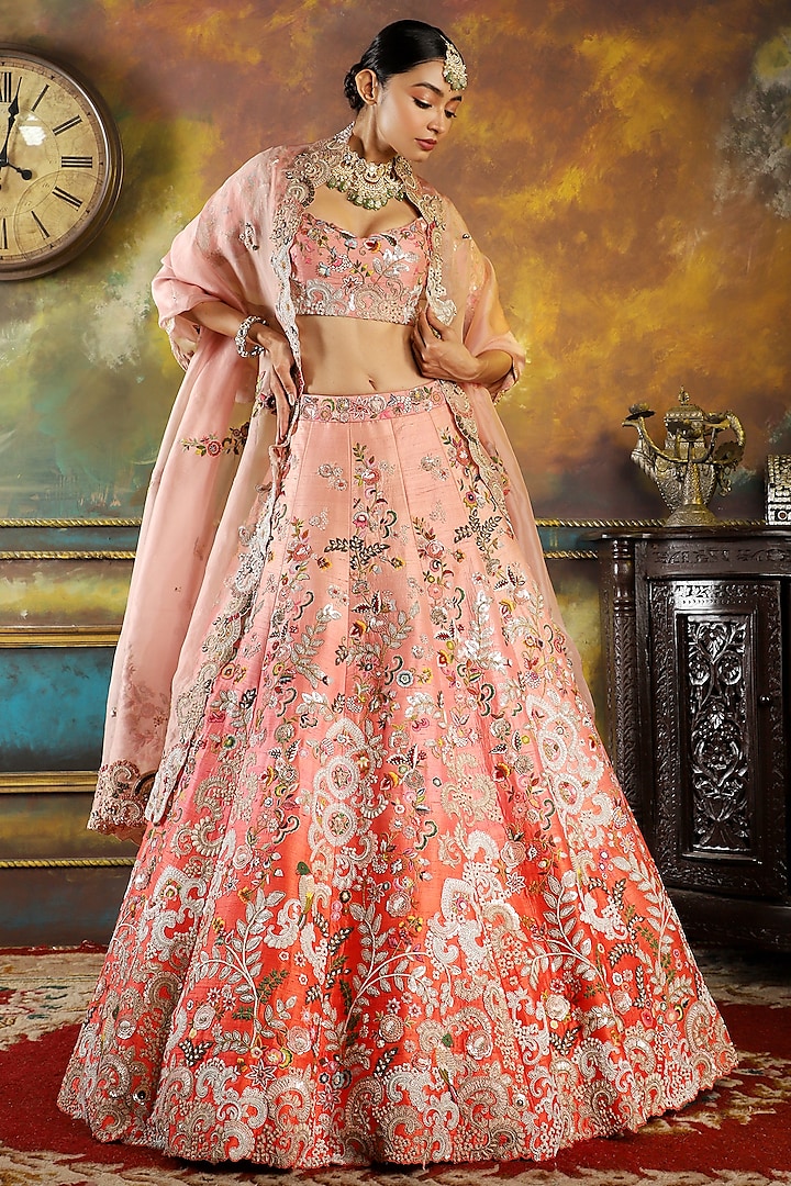 Ombre Pink Pure Raw Silk Embroidered Lehenga Set by Pallavi Poddar (India)