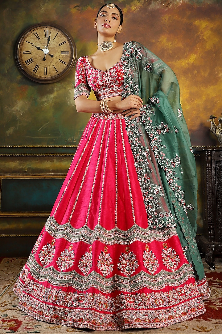 Fuchsia Pink Pure Raw Silk Embroidered Lehenga Set by Pallavi Poddar (India)