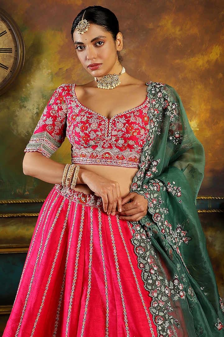Fuchsia Pink Pure Raw Silk Embroidered Bridal Lehenga Set by Pallavi Poddar (India) at Pernia's Pop Up Shop