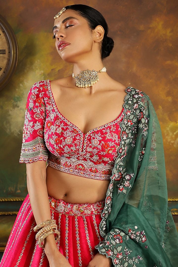 Fuchsia Pink Pure Raw Silk Embroidered Bridal Lehenga Set by Pallavi Poddar (India) at Pernia's Pop Up Shop