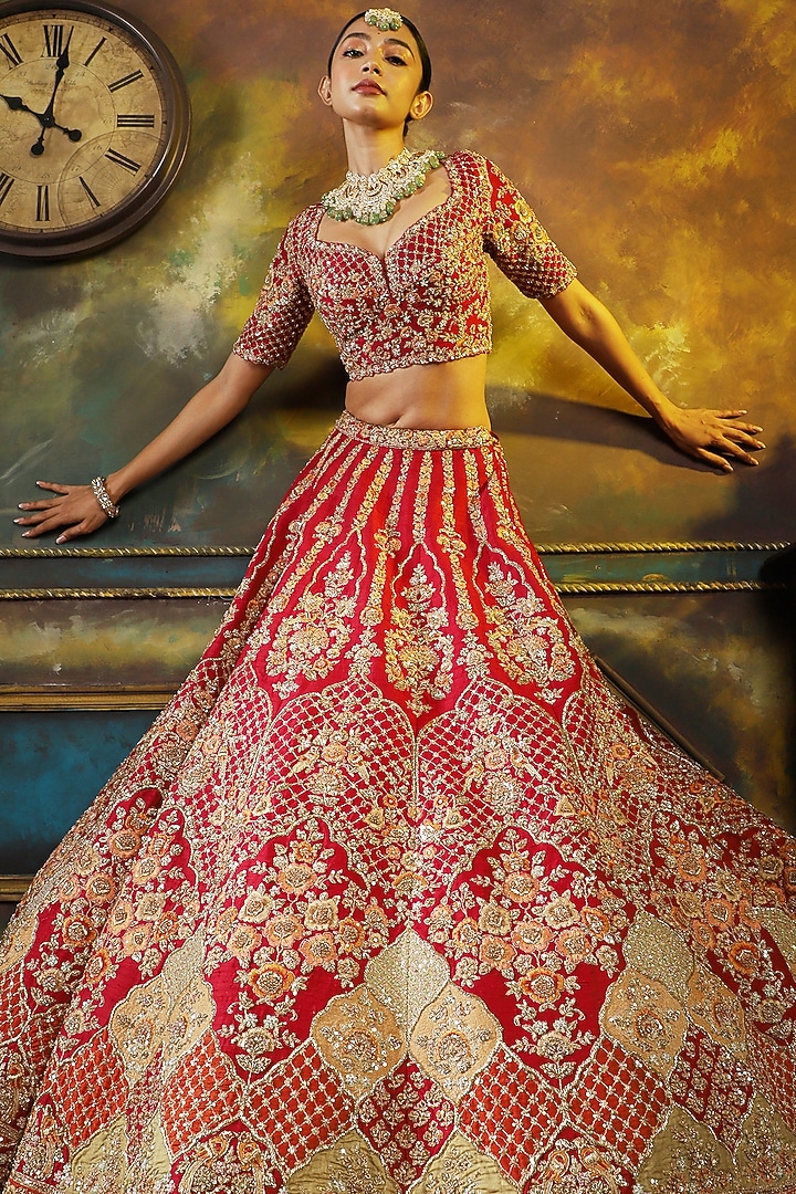 Red Raw Silk Embroidered Bridal Lehenga Set by Pallavi Poddar (India) at Pernia's Pop Up Shop
