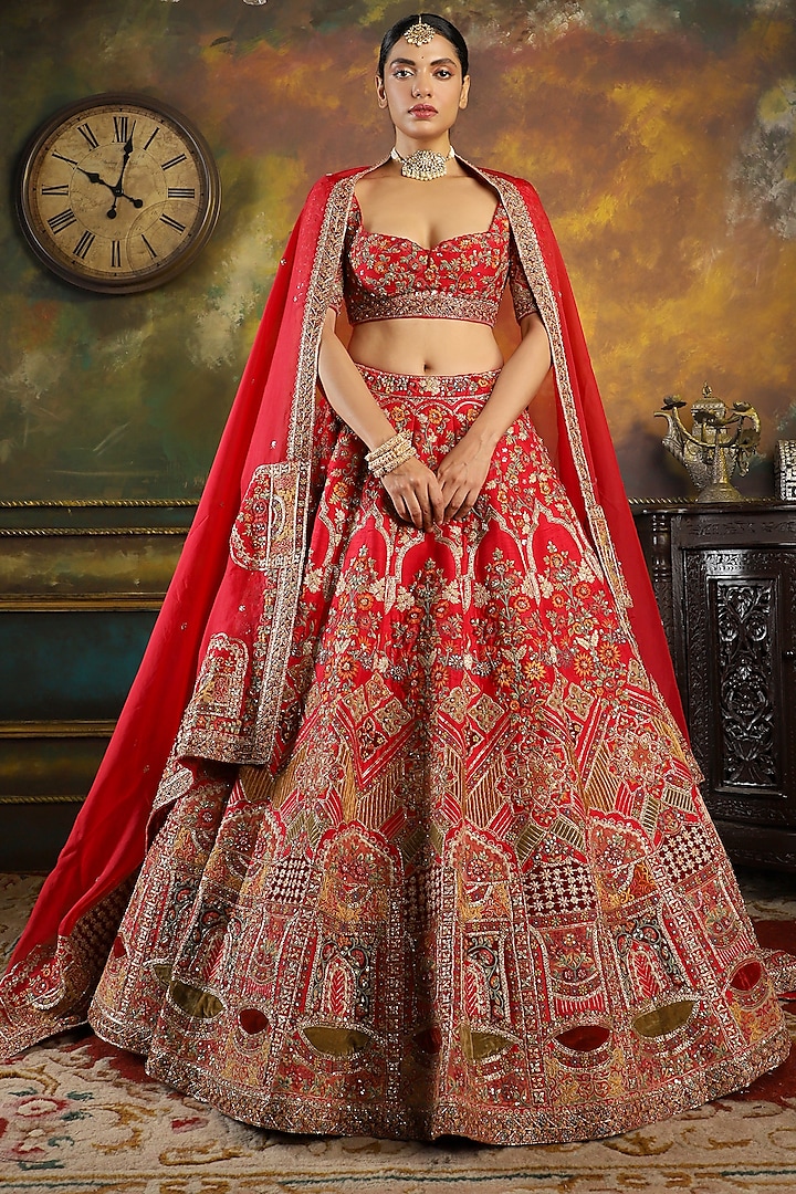 Red Pure Raw Silk Embroidered Lehenga Set by Pallavi Poddar (India)