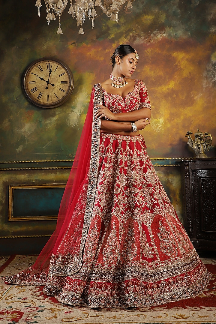 Red Raw Silk Embroidered Lehenga Set by Pallavi Poddar (India)