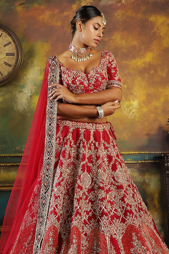 Red Raw Silk Embroidered Bridal Lehenga Set by Pallavi Poddar (India) at Pernia's Pop Up Shop