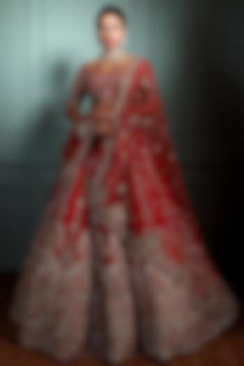 Red Raw Silk Embroidered Bridal Lehenga Set by Pallavi Poddar (India) at Pernia's Pop Up Shop