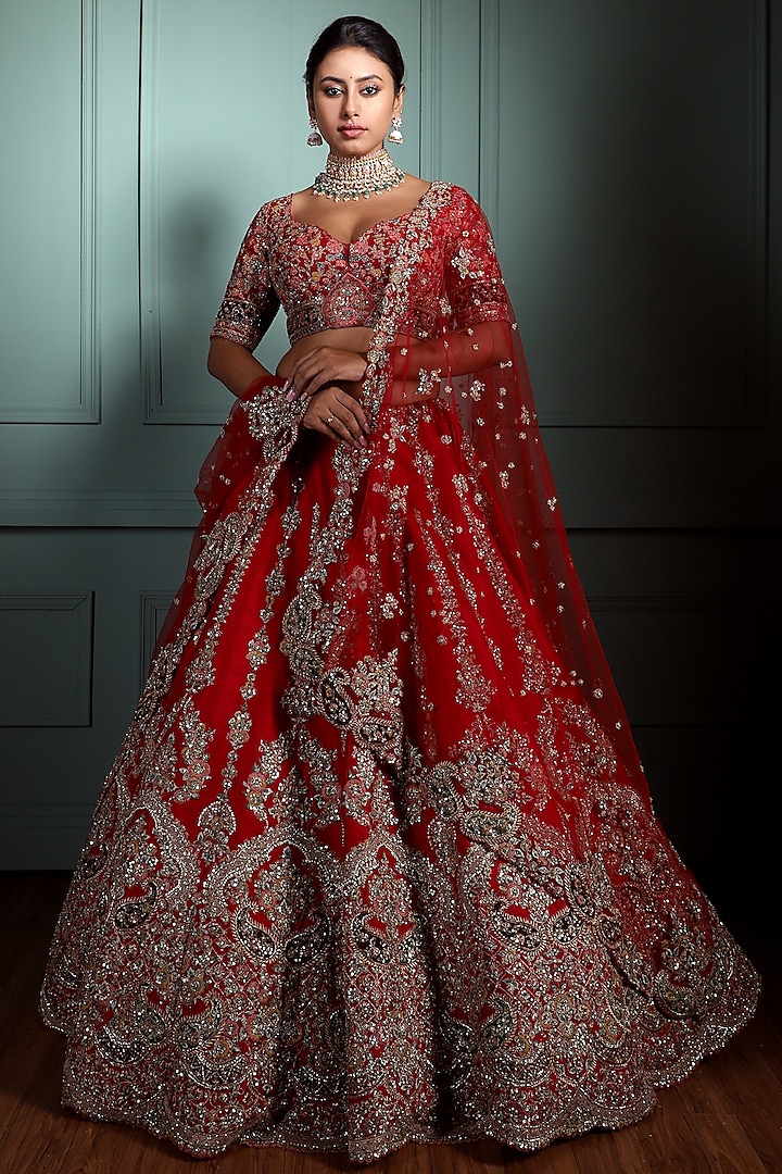 Red Raw Silk Embroidered Lehenga Set by Pallavi Poddar (India)