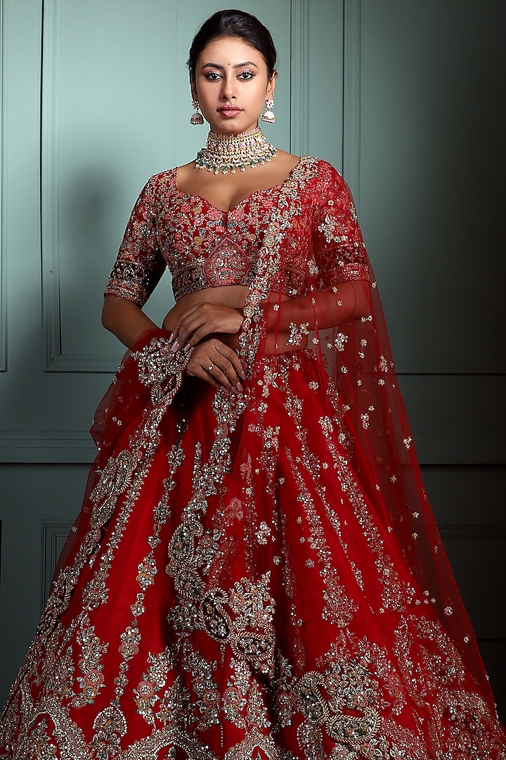 Red Raw Silk Embroidered Bridal Lehenga Set by Pallavi Poddar (India) at Pernia's Pop Up Shop