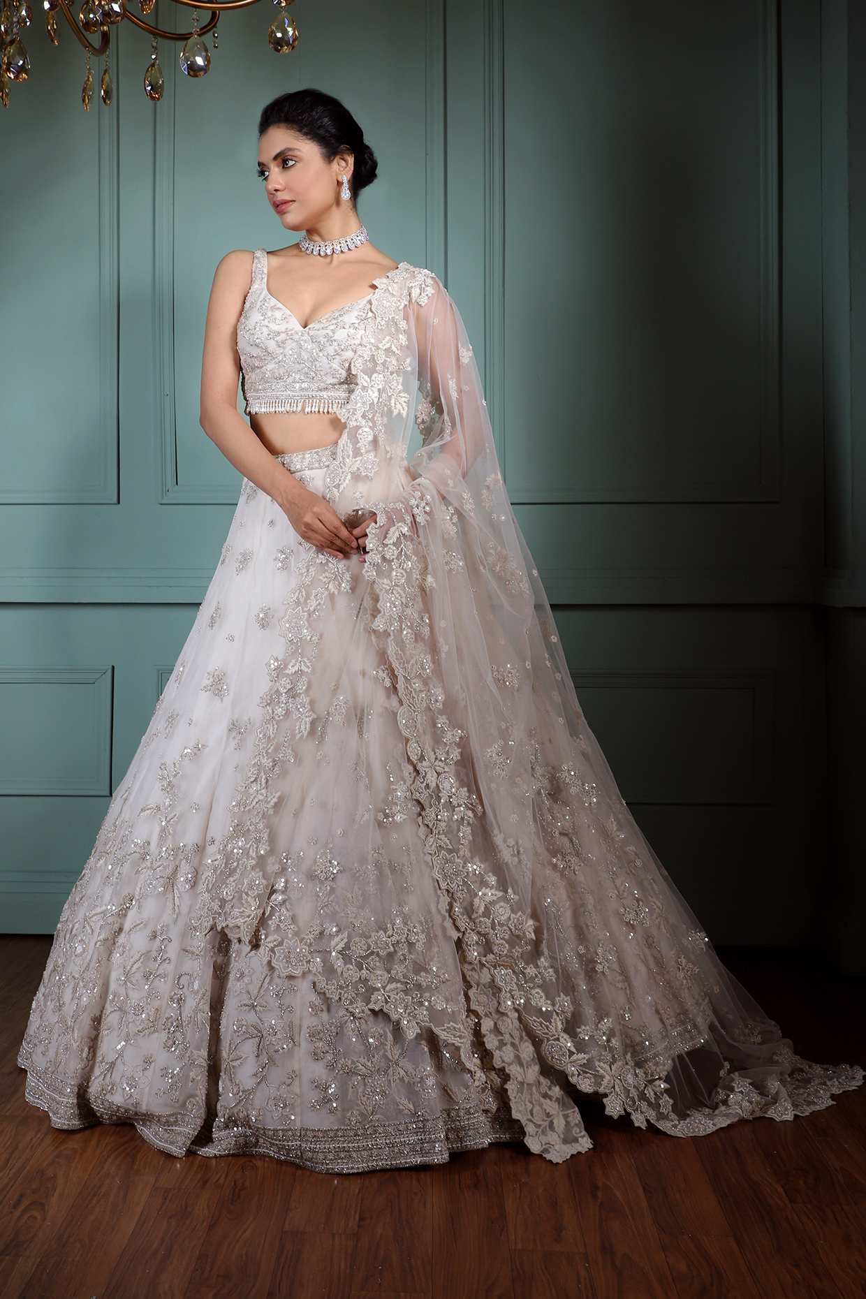 Ivory Organza Embellished Lehenga Set by Pallavi Poddar (India)